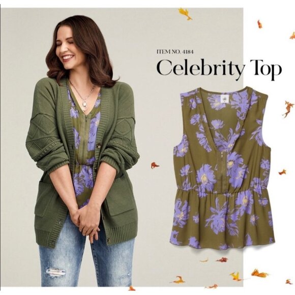 CABI Celebrity Floral Print V-Neck Sleeveless Peplum Top in Olive Green, Lavand - Picture 13 of 13
